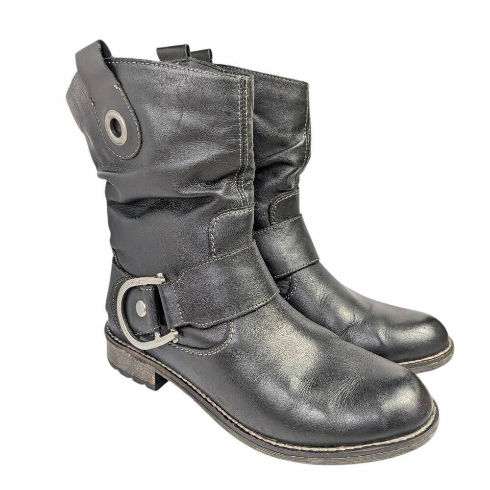 Remonte Black leather buckle moto midcalf riding boots womens 37 EU 6US